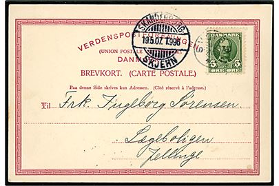 5 øre Fr. VIII på brevkort annulleret med svagt stjernestempel SVEIBÆK og sidestemplet bureau Skanderborg - Skjern T.996 d. 19.5.1907 til Jellinge.