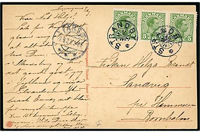 5 øre Chr. X (3-stribe) på brevkort (Den røde Sten, Fuurs Nordstrand) annulleret med stjernestempel STRANDBY og sidestemplet Farsø d. 9.8.1921 til Sandvig på Bornholm.