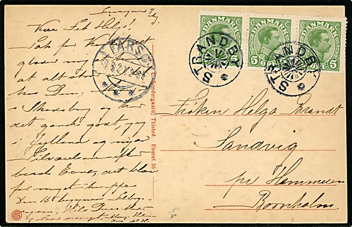 5 øre Chr. X (3-stribe) på brevkort (Den røde Sten, Fuurs Nordstrand) annulleret med stjernestempel STRANDBY og sidestemplet Farsø d. 9.8.1921 til Sandvig på Bornholm.