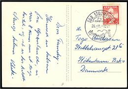 20 øre Chr. X på brevkort (Alex Secher: Fjordlandskab med isbjerge) annulleret med julestempel i Sdr. Strømfjord d. 26.11.1957 til København.