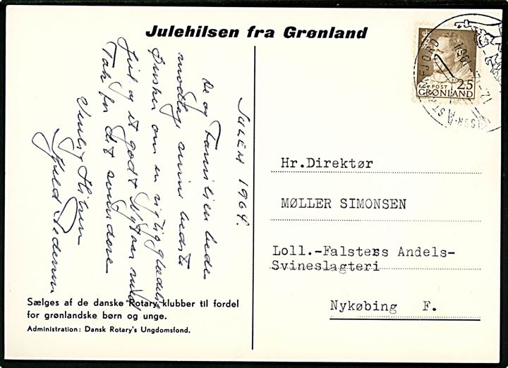 40 øre Fr. IX på Julehilsen fra Grønland brevkort (Engholm: Eskimobørn) annulleret med julestempel i Sdr. Strømfjord d. 12.12.1964 til Nykøbing F.