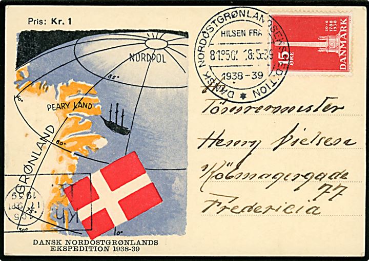 15 øre Stavnsbånd på ekspeditions-brevkort annulleret Dansk Nordostgrønlandsekspedition d. 18.5.1939 til Fredericia, Danmark. Ank.stemplet med blanketmaskinstempel Kh.K. d. 17.9.1939.