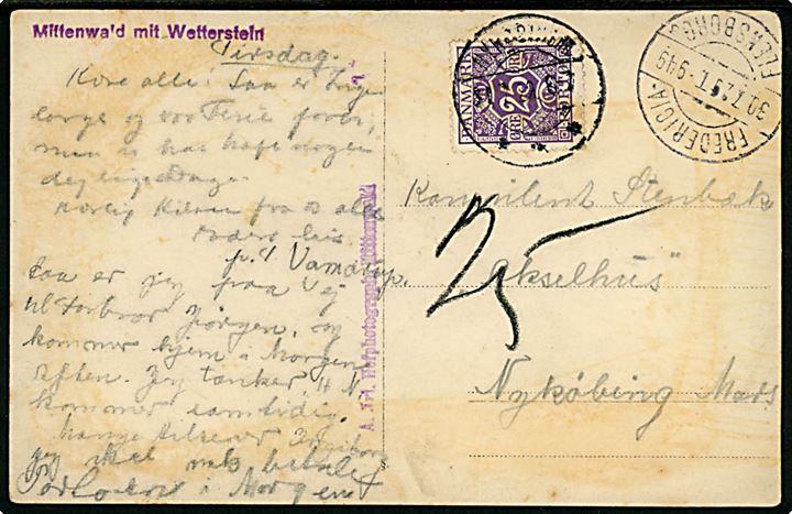 Ufrankeret brevkort fra Mittenwald i Østrig med dansk bureaustempel Fredericia - Flensborg sn3 T.30.7.1929 til Nykøbing Mors, Danmark. Udtakseret i porto med 25 øre Portomærke annulleret Nykøbing M. d. 31.7.1929.