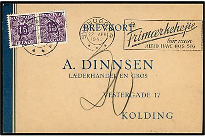Ufrankeret brevkort fra Svendborg d. 22.4.1942 til Kolding. Udtakseret i porto med 15 øre Portomærke i parstykke stemplet Kolding d. 22.4.1942.