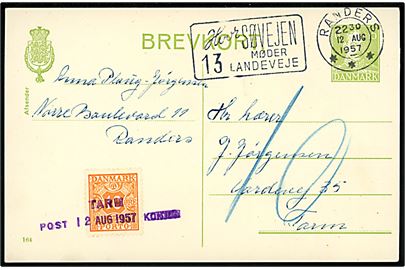 15 øre Chr. X helsagsbrevkort (fabr. 164) sendt underfrankeret fra Randers d. 12.8.1957 til Tarm. Udtakseret i porto med 10 øre Portomærke annulleret med kontorstempel Tarm Postkontor d. 12.8.1957.