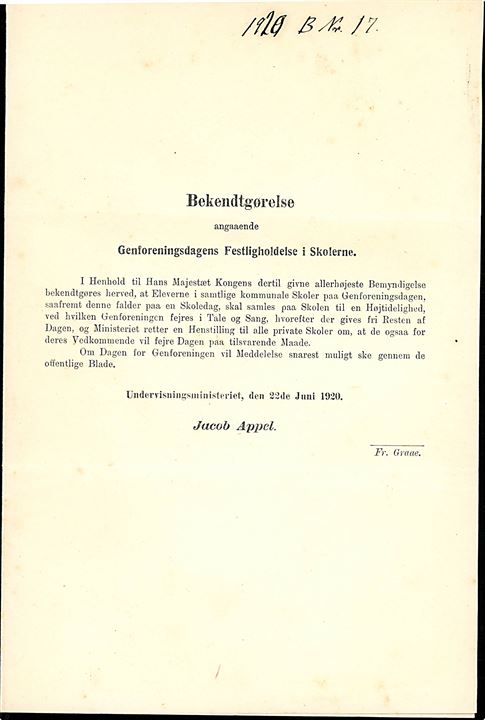 7 øre Chr. X single på Bekendtgørelse angaaende GENFORENINGSDAGENS festligholdelse i Skolerne sendt som tryksag i Odense d. 3.7.1920.