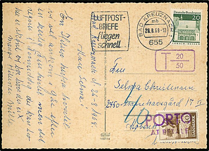 Tysk 20 pfg. på underfrankeret brevkort fra Bad Kreuznach d. 26.8.1968 til København, Danmark. Udtakseret i porto med 40 øre Dansk Fredning annulleret PORTO AT BETALE.