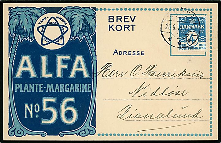 4 øre Bølgelinie på illustreret reklame tryksags-kort fra ALFA Plante-Margarine No. 56 sendt fra Vejen d. 26.8.1915 til Nidløse pr. Dianalund.