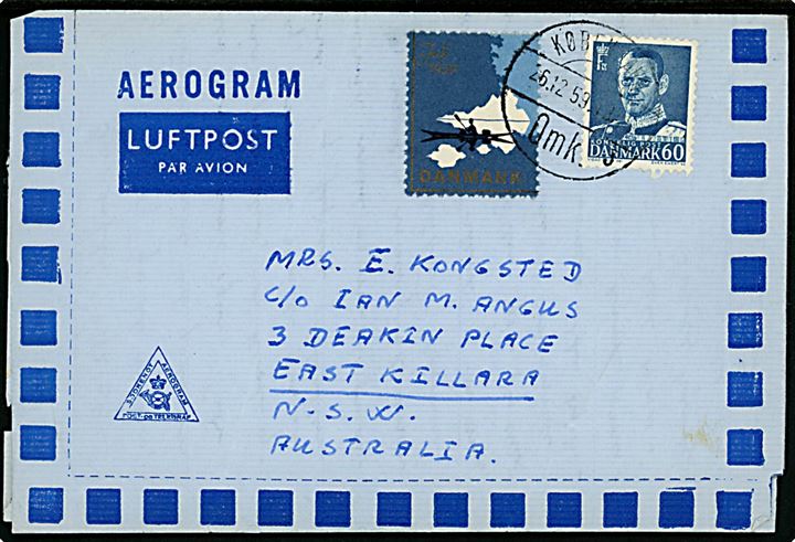 60 øre Fr. IX og Julemærke 1959 på privat aerogram fra København d. 26.12.1959 til East Killara, New South Wales, Australien.