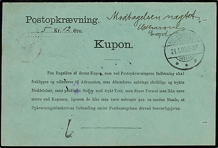12 øre Tofarvet omv. rm. single på retur Postopkrævning annulleret med esrom type stempel K3 og sidestemplet Kjøbenhavn PPK d. 2.1.1899 til Hillerød. Retur som modtagelse nægtet.