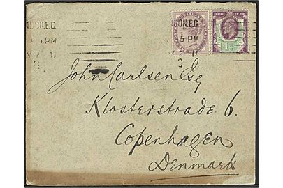 1d Victoria og 1½d Edward VII på brev fra London d. 2.5.1911 til København, Danmark.