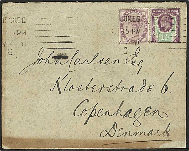 1d Victoria og 1½d Edward VII på brev fra London d. 2.5.1911 til København, Danmark.