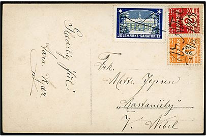 1 øre, 2 øre Bølgelinie og Julemærke 1908 på lokalt brevkort (Landejendom) blækannulleret med kryds og V. Nebel d. 23/12 1908 til Kastaniely V. Nebel. 