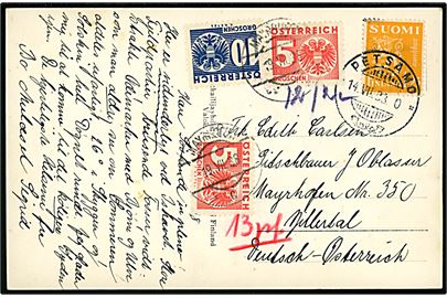 1,25 mk. Løve på underfrankeret brevkort (Midnatsol ved Pitkäjärvi) annulleret Petsamo d. 14.7.1938 til Mayershofen, Østrig. Udtakseret i porto med østrigsk 5 gr. (2) og 10 gr. Portomærker stemplet i Mayrhofen d. 19.7.1938. Petsamo var den finske ishavshavn som blev afstået til USSR efter 2. verdenskrig.