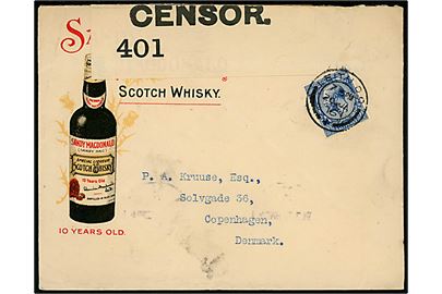 2½d George V på illustreret Scotch Whiskey reklamekuvert fra Leith d. 20.1.1916 til København, Danmark. Åbnet af britisk censur no. 401.