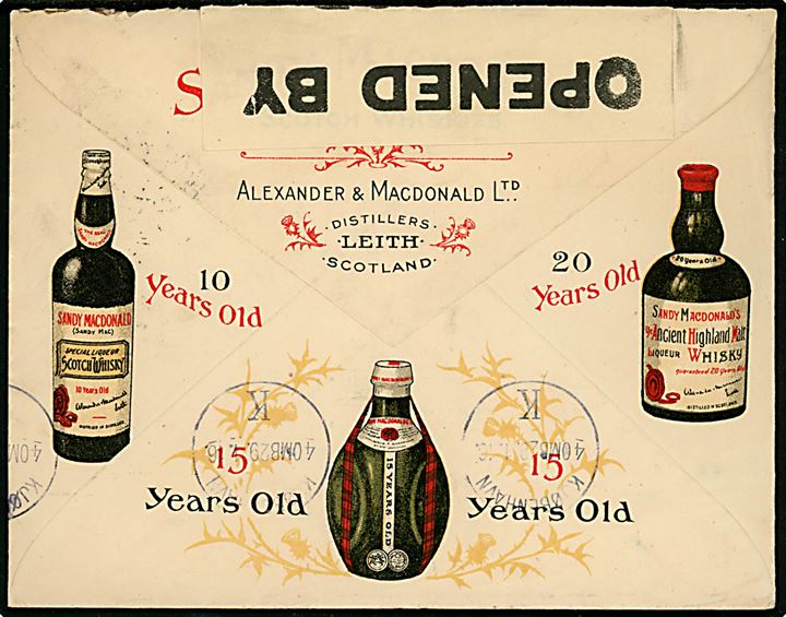 2½d George V på illustreret Scotch Whiskey reklamekuvert fra Leith d. 20.1.1916 til København, Danmark. Åbnet af britisk censur no. 401.
