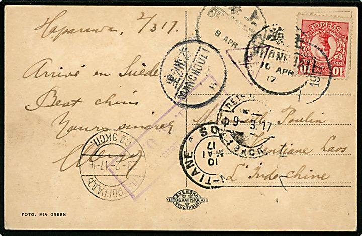 10 öre Gustaf på brevkort (Haparanda set fra Torneå) sendt fra Haparanda d. 2.3.1917 via Petrograd, Manchouli og Shanghai til Vientiane, Laos, Indokina. Flere transit stempler og russisk censur fra Petrograd.