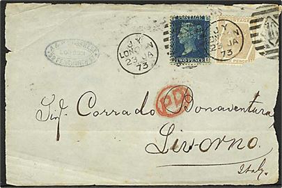 2d og 6d Victoria (skadet) på BREVFORSIDE af brev fra London d. 23.1.1873 til Livorno. Italien.