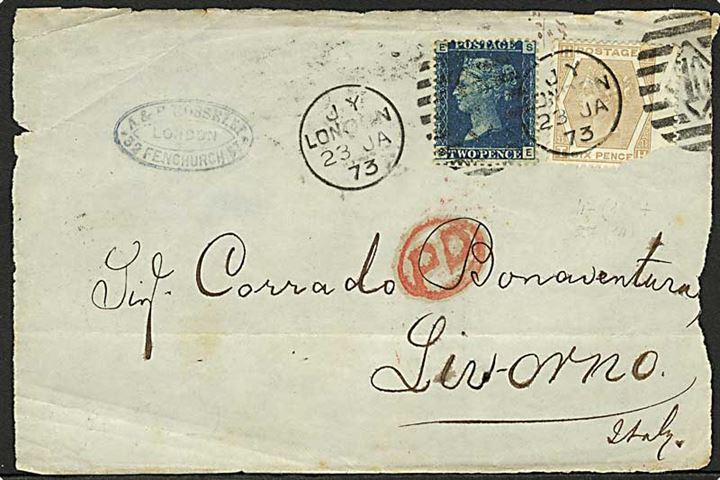 2d og 6d Victoria (skadet) på BREVFORSIDE af brev fra London d. 23.1.1873 til Livorno. Italien.