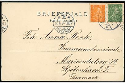3 aur og 5 aur Chr. IX på brevkort (Reykjavik, udsigt) fra Reykjavik d. 26.8.1906 til Kjøbenhavn, Danmark.