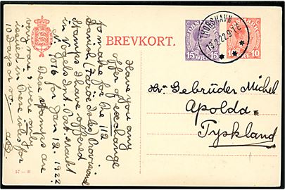 10+15 øre provisorisk helsagsbrevkort (fabr. 57-H) annulleret med tydeligt brotype IIIb Thorshavn d. 13.2.1922 til Apolda, Tyskland. 