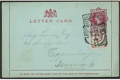 1d Victoria helsags korrespondancekort opfrankeret med 1½d Victoria fra London d. 14.5.1894 til København, Danmark.