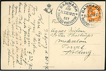 10 øre H. C. Andersen på brevkort annulleret med særstempel Danmark * Det rullende Postkontor * d. 31.7.1936 til Kolding. Det rullende postkontor var opstillet i Esbjerg d. 31.7.1936 i forbindelse med dyreskue.