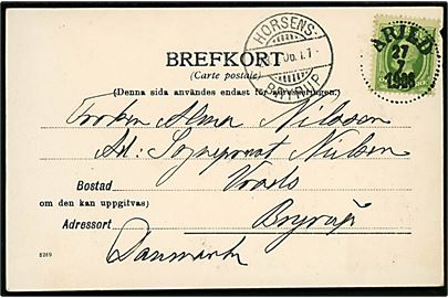 5 öre Oscar II på brevkort fra Arild d. 27.7.1906 til Bryrup, Danmark. Transit stemplet Horsens - Bryrup T.7 d. 28.7.1906.