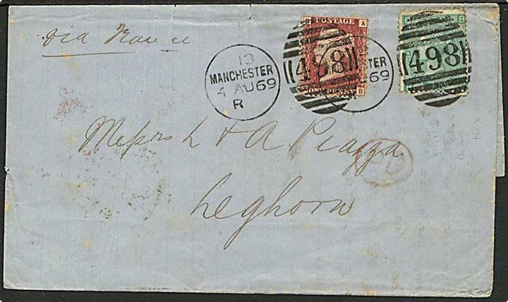 1d og 1 sh. Victoria på brev stemplet Manchester/498 d. 4.8.1869 via London til Leghorn, Italien.