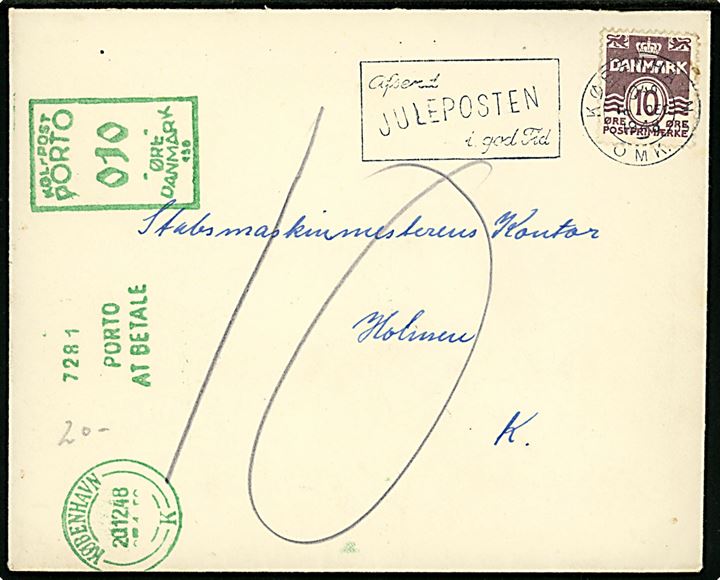 10 øre Bølgelinie single på underfrankeret lokalbrev i København d. 18.12.1948. Udtakseret i porto med 10 øre grønt portomaskinstempel d. 20.12.1948.