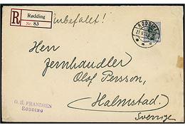 40 øre Chr. X single på anbefalet brev annulleret med brotype IIb Rødding sn1 d. 27.8.1920 til Halmstad, Sverige.