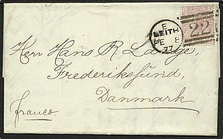 2½d Victoria på brev stemplet Leith/221 d. 8.2.1877 via Roskilde til Frederikssund, Danmark.