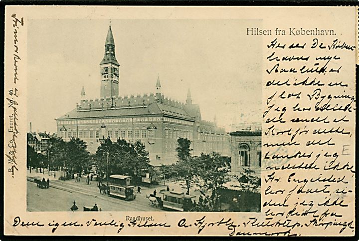 1 øre Våben (10) på brevkort (Raadhuspladsen med sporvogne) fra Skjørping d. 6.10.1902 til St. Petersborg, Rusland.
