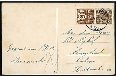 20 øre Chr. X og 5 øre Bølgelinie i sammentryk med tydelig spor efter automatafskæring på brevkort (Centralbanegården) fra Kjøbenhavn B. d. 2.12.1926 til Holland.