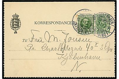 5 øre Chr. IX helsags korrespondancekort opfrankeret med 5 øre Fr. VIII dateret Orehoved og annulleret med bureaustempel Kjøbenhavn - Nykjøbing F. T. 90 d. 10.9.1907 til København.