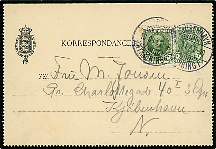 5 øre Chr. IX helsags korrespondancekort opfrankeret med 5 øre Fr. VIII dateret Orehoved og annulleret med bureaustempel Kjøbenhavn - Nykjøbing F. T. 90 d. 10.9.1907 til København.