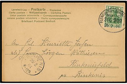 5 pfg. Germania på brevkort annulleret med bureaustempel Flensburg - Sonderburg Bahnpost Zug 909 d. 26.2.1904 til Rinkenæs. Ank.stemplet Rinkenis d. 26.2.1904.