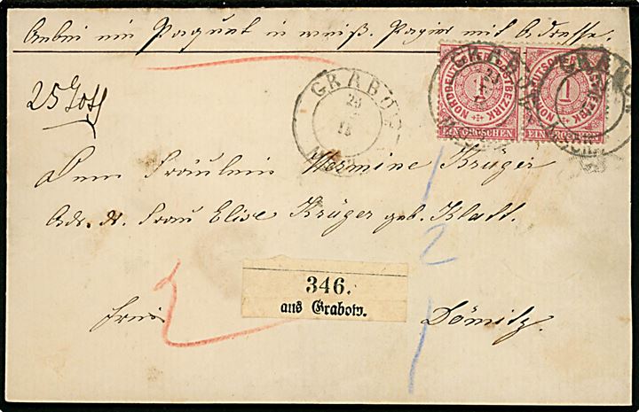 Norddeutscher Postbezirk. 1 gr. i parstykke på pakkefølgebrev annulleret med 2-ringsstempel Grabow M.Sch. d. 23.10.187x til Dömitz.
