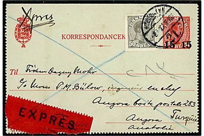 15/20 øre provisorisk helsags korrespondancekort (Fabr. 48-H) opfrankeret med 50 øre Chr. X sendt som ekspres fra København 21 d. 8.7.1927 til Angora, Tyrkiet.