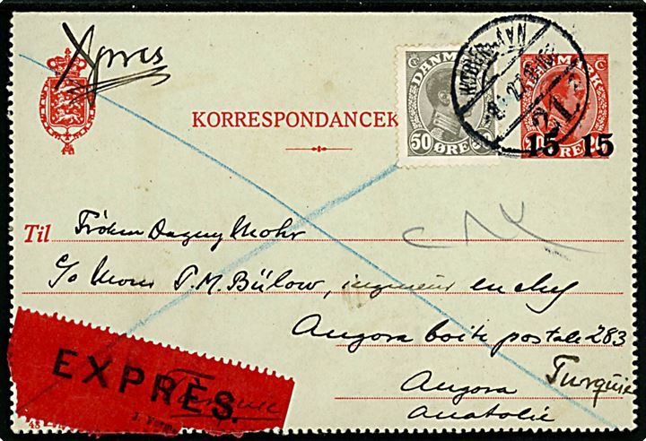 15/20 øre provisorisk helsags korrespondancekort (Fabr. 48-H) opfrankeret med 50 øre Chr. X sendt som ekspres fra København 21 d. 8.7.1927 til Angora, Tyrkiet.