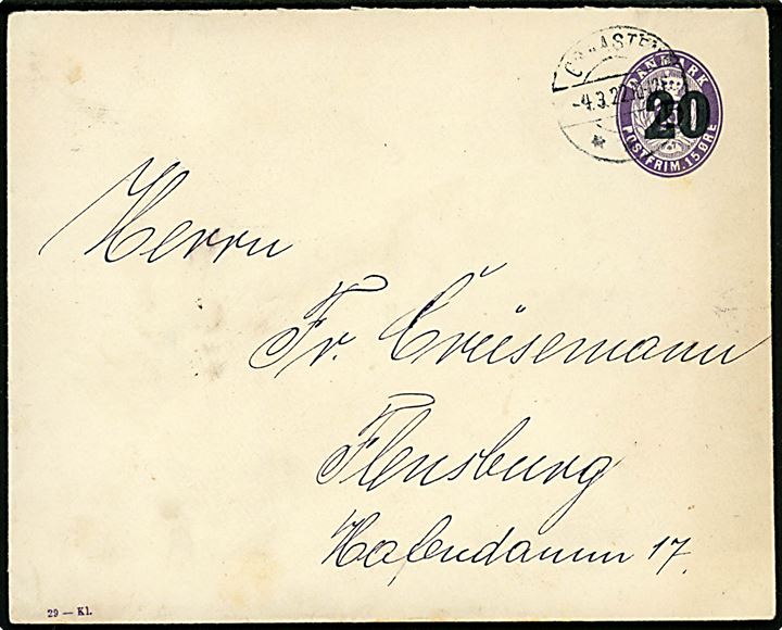 20/15 øre provisorisk helsagskuvert (fabr. 29-Kl.) sendt til GRÆNSEPORTO takst med brotype IIa Graasten sn2 d. 4.3.1922 til Flensburg, Tyskland.