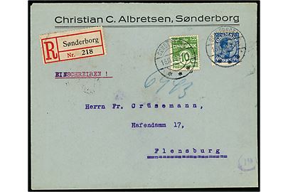 10 øre Bølgelinie og 40 øre Chr. X på GRÆNSEPORTO frankeret anbefalet brev fra Sønderborg d. 16.10.1922 til Flensburg. Åbnet af tysk valutakontrol i Flensburg.