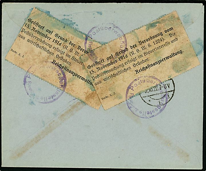 10 øre Bølgelinie og 40 øre Chr. X på GRÆNSEPORTO frankeret anbefalet brev fra Sønderborg d. 16.10.1922 til Flensburg. Åbnet af tysk valutakontrol i Flensburg.