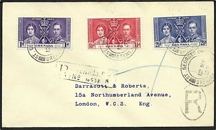 Komplet sæt Coronation udg. på anbefalet FDC stemplet St. Georges d. 12.5.1937 til London, England.