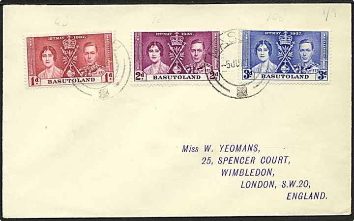 Komplet sæt Coronation på brev stemplet Maseu d. 5.6.1937 til London, England.