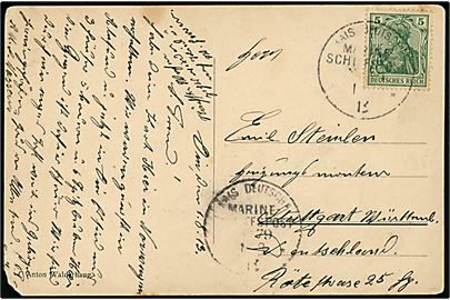 Tysk 5 pfg. Germania på brevkort (Udsigt over Ålesund) annulleret med skibsstempel Kais. Deutsche Marineschiffspost No. 79 d. 1.8.1913 til Stuttgart, Tyskland. Sendt fra sømand ombord på slagskibet SMS Nassau under togt til Norge.
