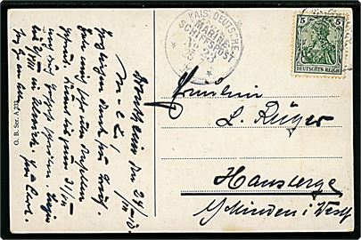 Tysk 5 pfg. Germania på brevkort (Hotel Udsigten, Geiranger) dateret Drontheim og annulleret med skibsstempel Kais. Deutsche Marineschiffspost No. 23 d. 25.7.1913 til Minden, Tyskland. Sendt fra sømand ombord på slagskib SMS Ostfriesland under togt til Norge.