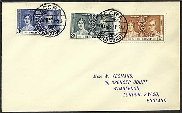 Komplet sæt Coronation på brev stemplet Accra Gold Coast d. 14.5.1937 til London, England.