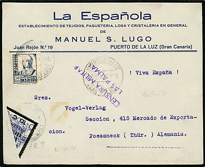 50 cts. Isabel og halveret 10/5 cts. General Sanjurjo tillægsmærke på brev fra Puerto de la Luz, Gran Canaria d. 16.12.1937 til Poeessneck, Tyskland.