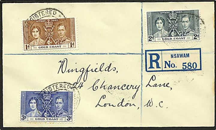 Komplet sæt Coronation på anbefalet brev fra Nsawam Gold Coast d. 5.1.1938 til London, England.
